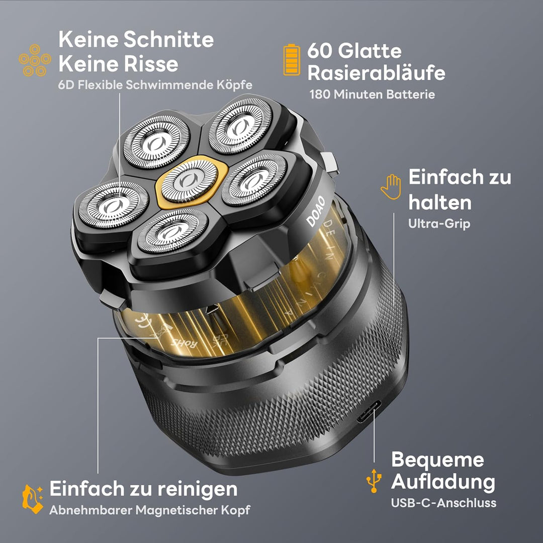 Glatzen Rasierer Herren, 180 Min Akku & flexibler 360grad-Scherkopf, Magnetische Leicht zu Reinigen,