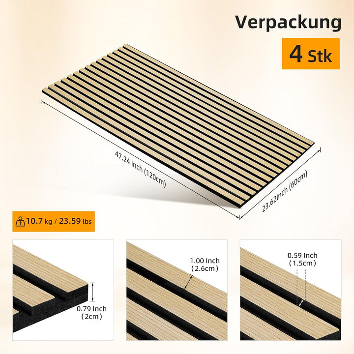 JAMELO Akustikpaneele Holz, 4 Stück 120 x 60cm - 2,88m² Wandpaneele Holz, Eiche 120cm*60cm*2cm Holzä