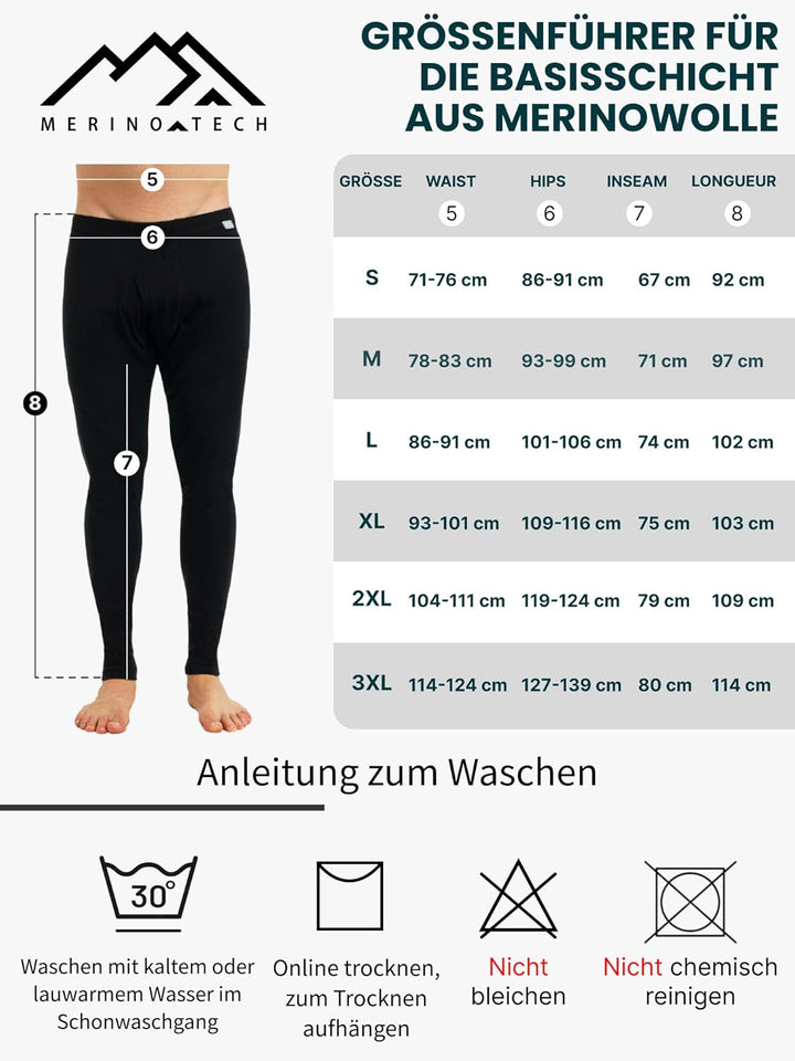 Merino Unterwäsche Herren - Lange Unterhosen Herren Merino Thermounterwäsche + Wollsocken 165 Black