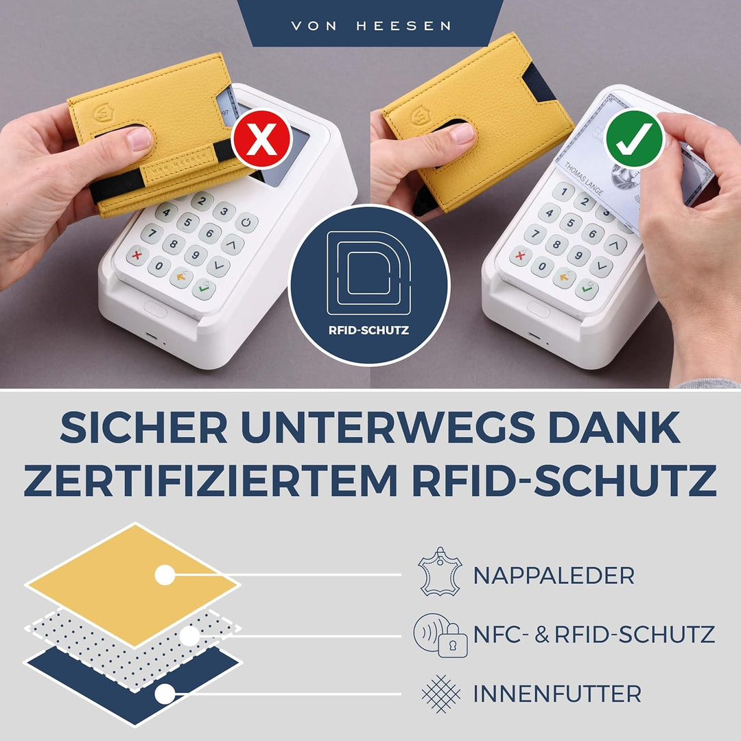 VON HEESEN Slim Wallet mit XL Münzfach & RFID-Schutz - Leder Geldbeutel - Mini Geldbörse für Herren