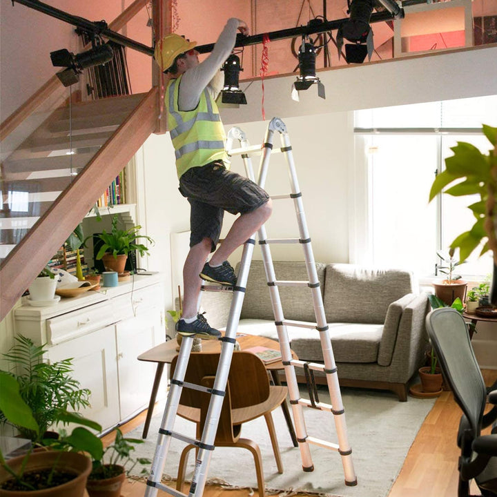 Eulenke 5M (2,5+2,5M) Teleskopleiter - Rutschfester Multifunktionsleiter 150 kg Belastbarkeit - Alul