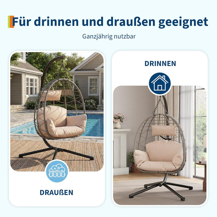 Hängesessel mit Gestell Outdoor bis 150 kg belastbar, Rattan Hängesessel mit Metallgestell, ideal al