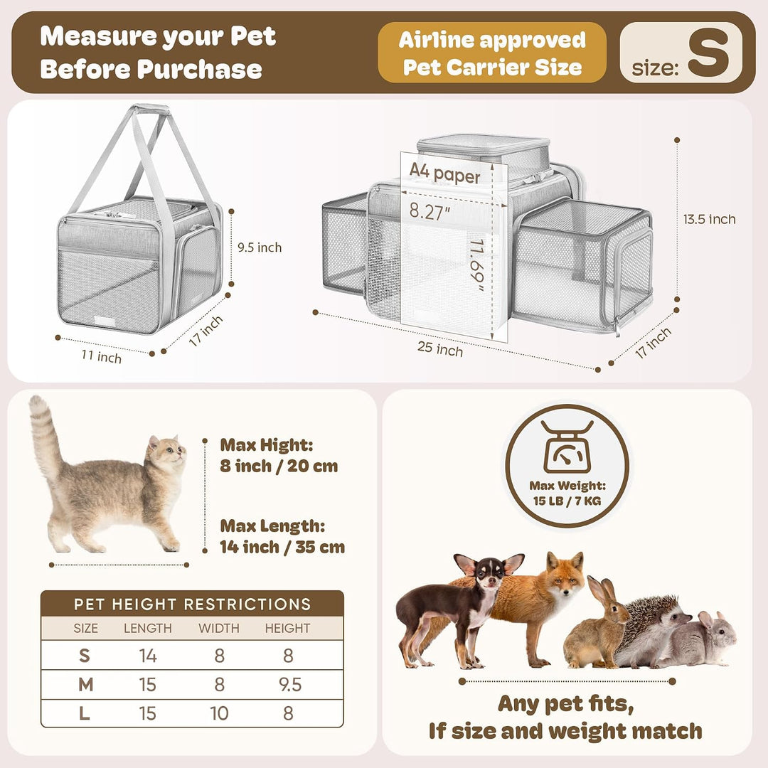 Top and 2 Sides Expandable Pet Carrier 17x11x9.5, TSA Airline Approved Small Dog Carrier for Small D