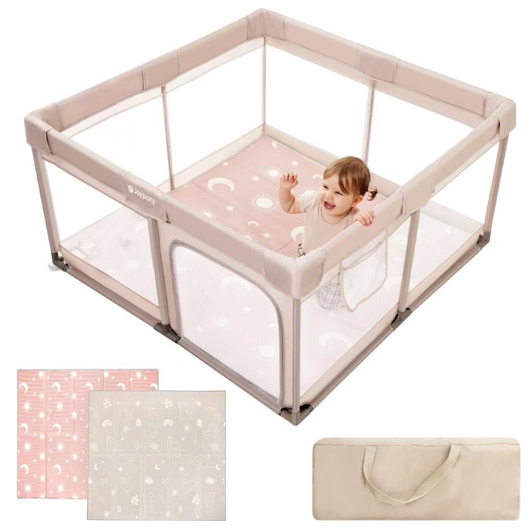 Joypony Baby Laufstall 127 x 127 cm mit Matte, Laufgitter Baby mit atmungsaktivem 360° Netz, rutschf