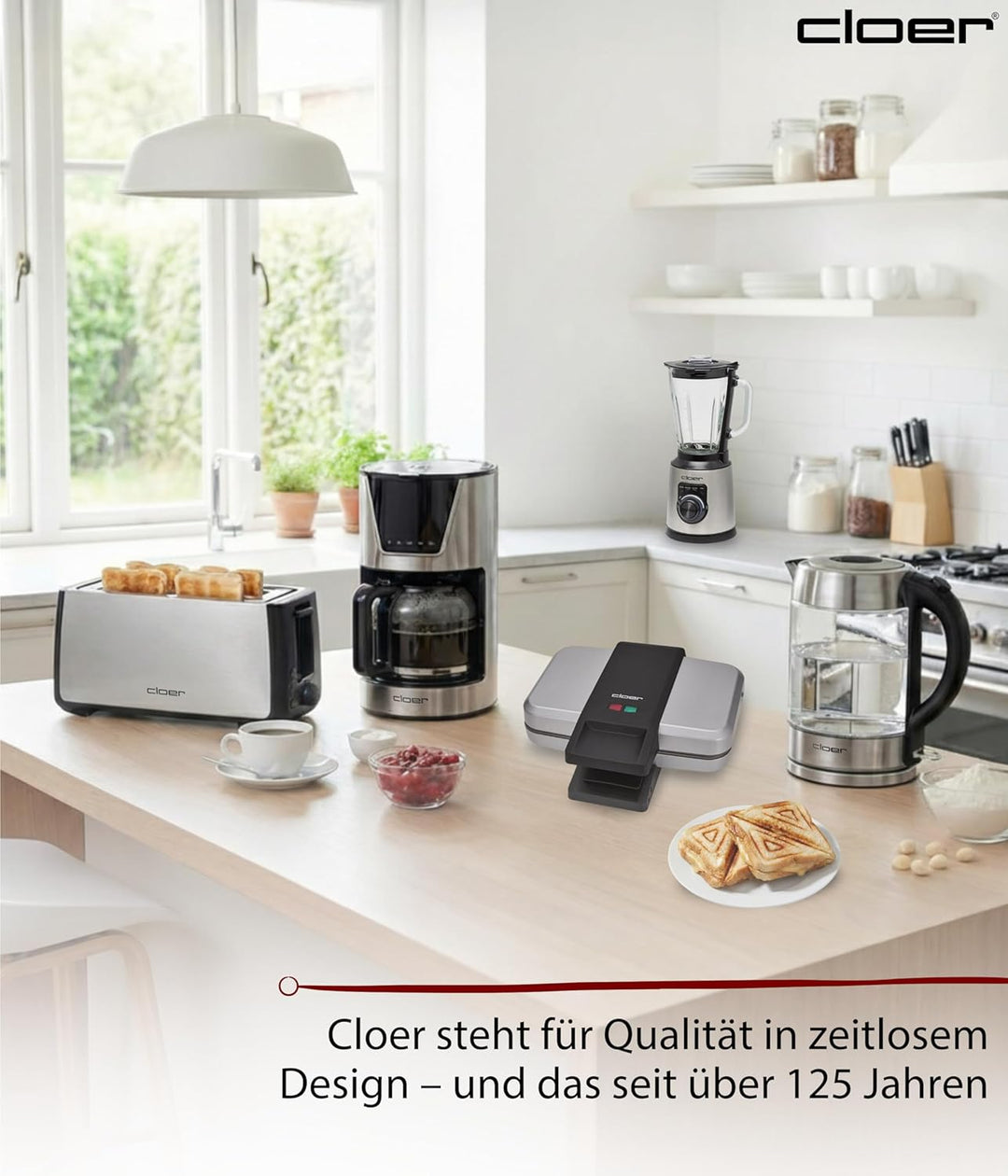 Cloer 6259 Sandwichmaker, 900 W für 2 diagonal geteilte Toasts, American Toasts, XXL Füllungen Silbe