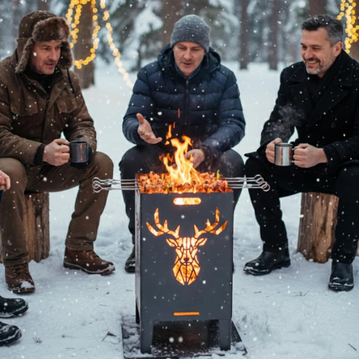 Feuertonne Hirsch & Löwe - Massive Feuerkorb Feuerschale aus Stahl Outdoor Firepit mit Motiv Stabil,