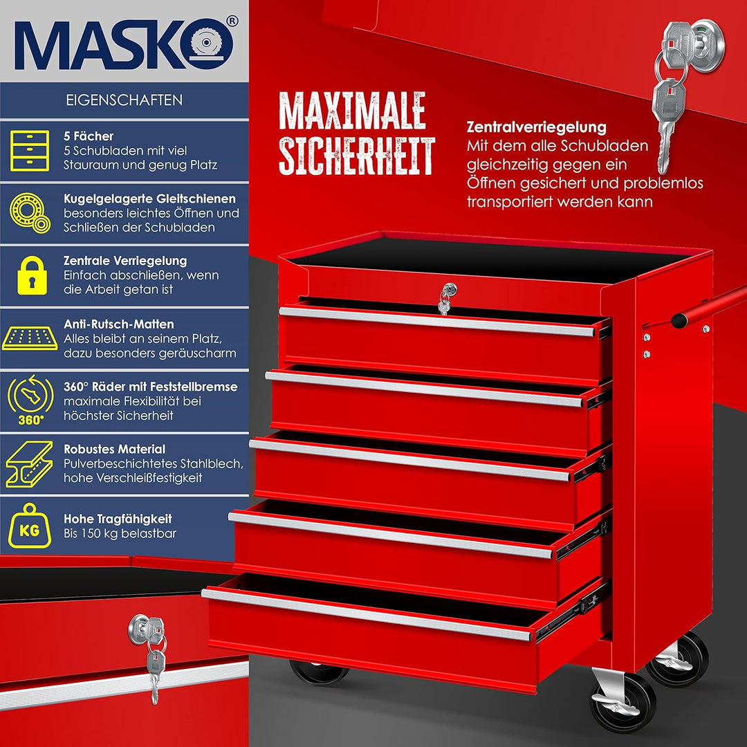 MASKO® Werkstattwagen - 5 Schubladen, Abschliessbar | Massives Metall | Mobiler Werkzeug-Wagen ohne