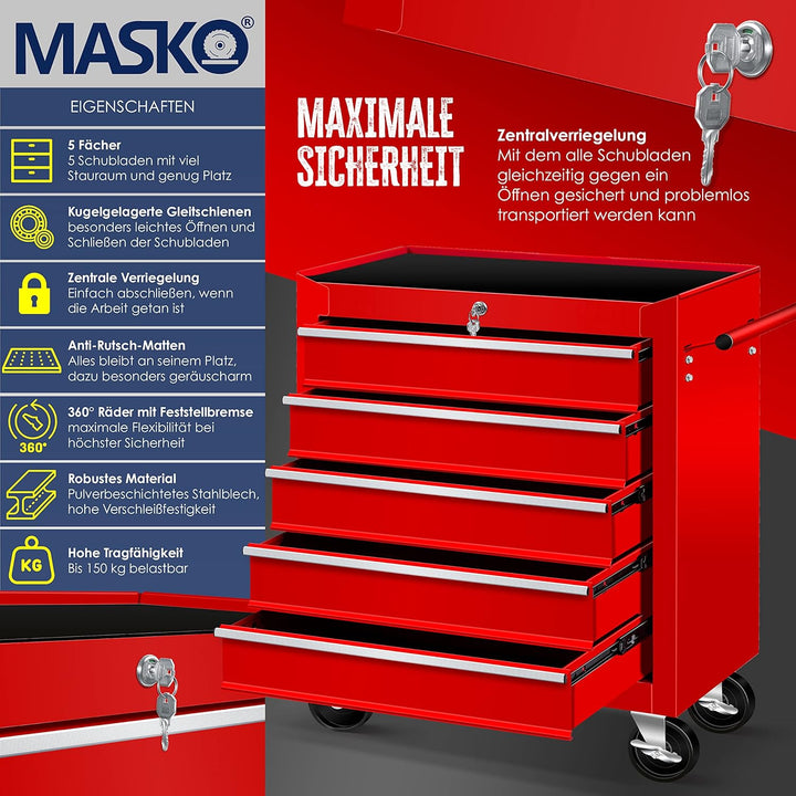 MASKO® Werkstattwagen - 5 Schubladen, Abschliessbar | Massives Metall | Mobiler Werkzeug-Wagen ohne