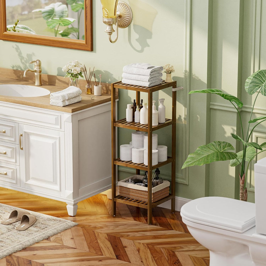SMIBUY Badezimmer-Aufbewahrungsregal, 4 Ebenen, Bambusregal, Organizer, multifunktionales Regal für