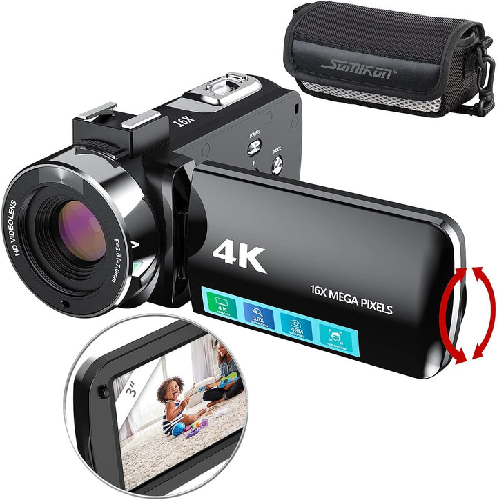 Somikon Videokamera 4K: 4K-UHD-Camcorder mit 16-fachem Zoom, WLAN, Full-HD mit 60 B./Sek. (HD Kamera