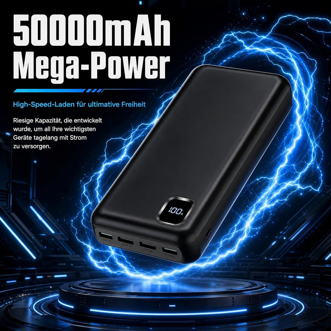 Powerbank 50000mAh Grosse Kapazität, 22.5W Power Bank Schnellladung mit 4 Ausgänge &amp; 2 Eingänge, Tra