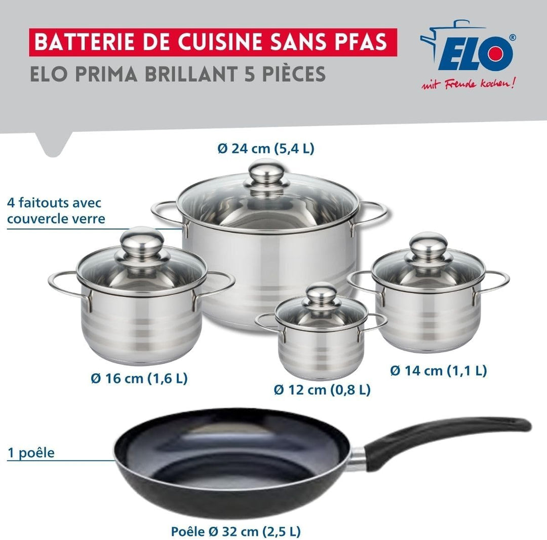 ELO 9721250 Kochgeschirr-Set, 5-teilig, 1 Bratpfanne 32 cm und 4 Kochtöpfe 12, 14, 16 und 24 cm, Elo