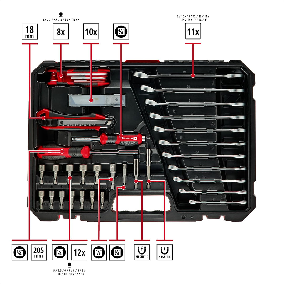 Einhell Werkzeugkoffer 233-tlg. (Umschaltknarren, Gabel-Ringschlüssel, Bit-Sortiment, Stecknüsse, Ve