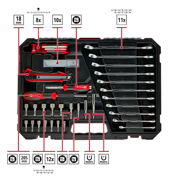 Einhell Werkzeugkoffer 233-tlg. (Umschaltknarren, Gabel-Ringschlüssel, Bit-Sortiment, Stecknüsse, Ve