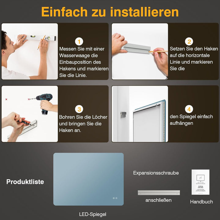 Badezimmer Spiegel mit Beleuchtung 100x60cm, LED Bad Spiegel mit licht, 3 Lichtfarben, Dimmbar, Rech