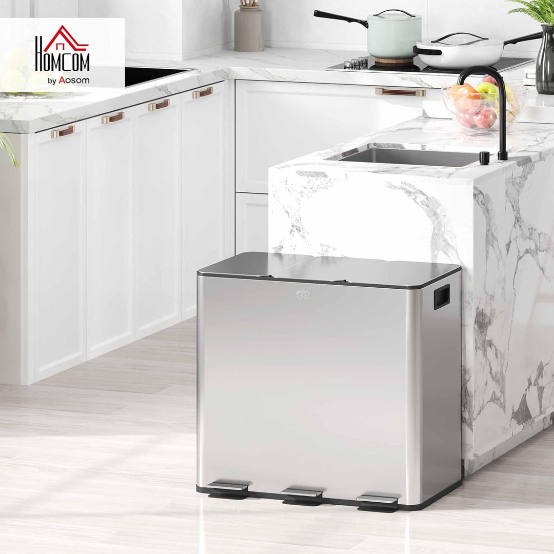 HOMCOM Mülleimer Küche 3 x 15 L Treteimer mit Softclose-Deckel und Pedal Mülltrennsystem 3 Fächer in