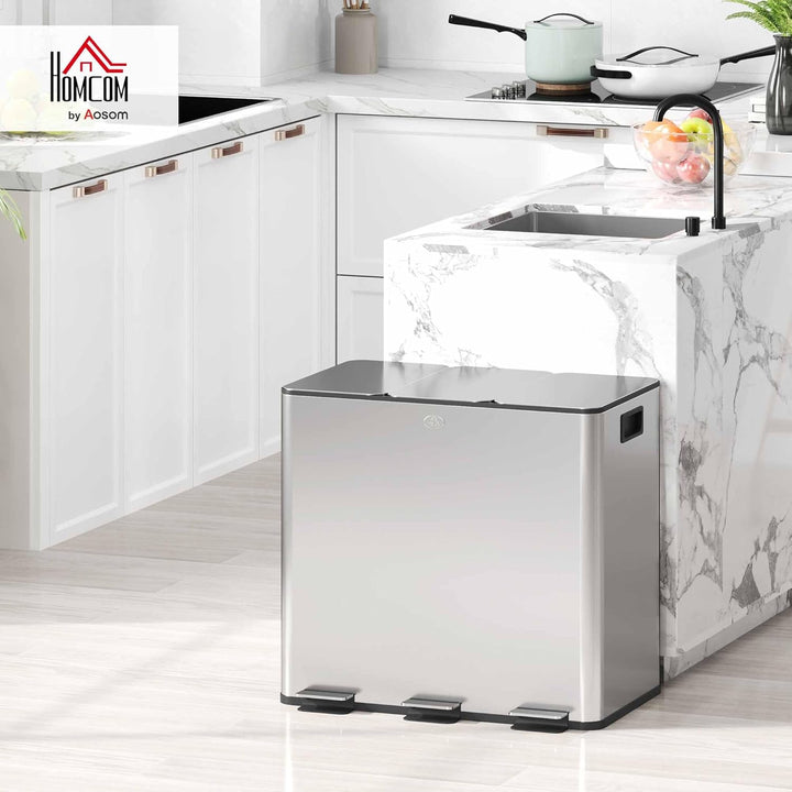 HOMCOM Mülleimer Küche 3 x 15 L Treteimer mit Softclose-Deckel und Pedal Mülltrennsystem 3 Fächer in