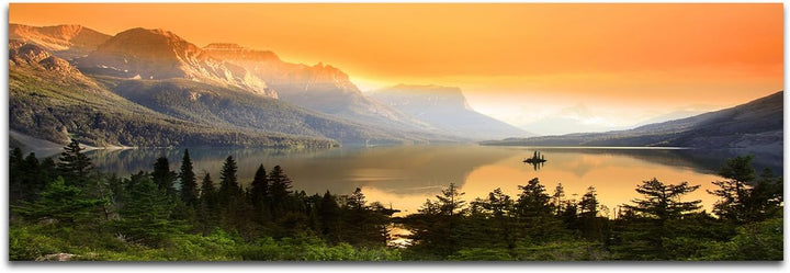 Wandbild auf Leinwand als Panorama in 150x50cm Nationalpark Bergsee Berge Wald Abendlicht