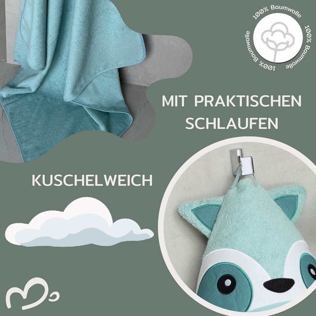 Kapuzenhandtuch Baby 100x100 cm mit Waschlappen – Bio Baumwolle – Babyhandtuch für Neugeborene &amp; Kle
