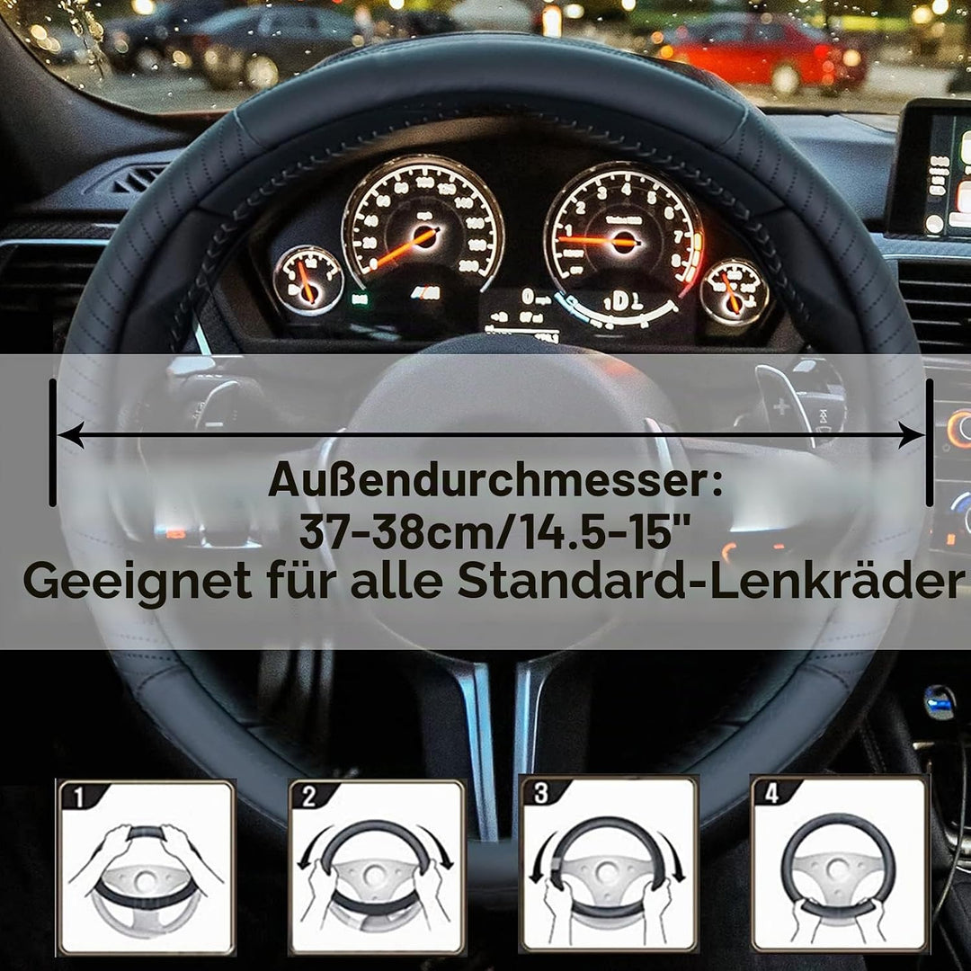 ZATOOTO Lenkradbezug Auto, Lenkradbezug Leder, 37-38cm, Anti Rutsch, Universal, Schwarz, Schwarz