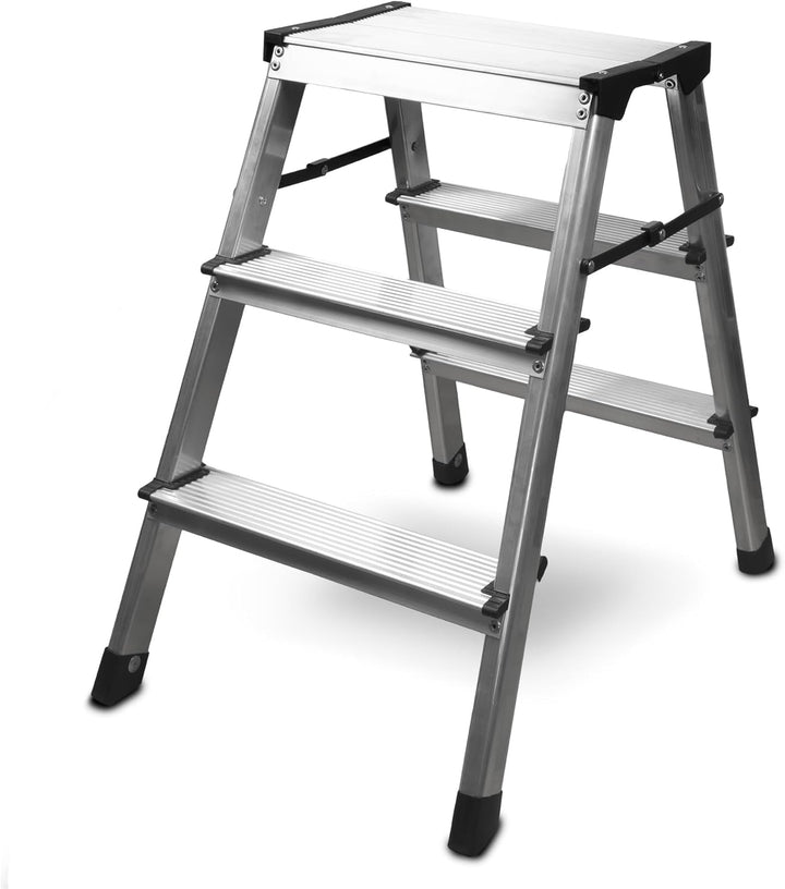 siwitec Trittleiter 2 x 3 Stufen, Alu Klapptritt, leichte Aluminium Leiter beidseitig begehbar, Haus