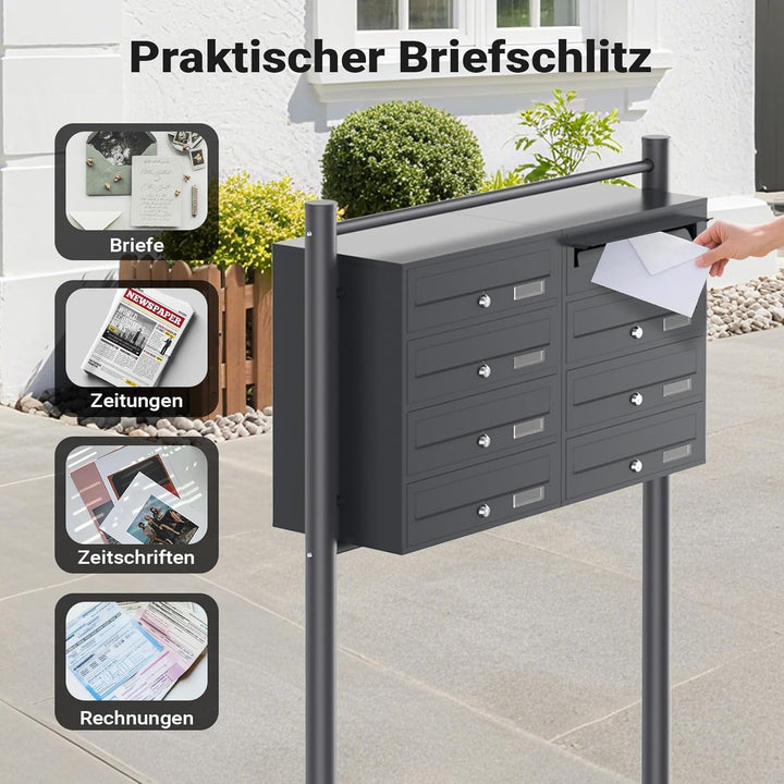 Wiltec 8er Briefkastenanlage Anthrazit 898 x 270 x 1500 mm, Standbriefkasten mit 2x4 Fächern, Schlüs