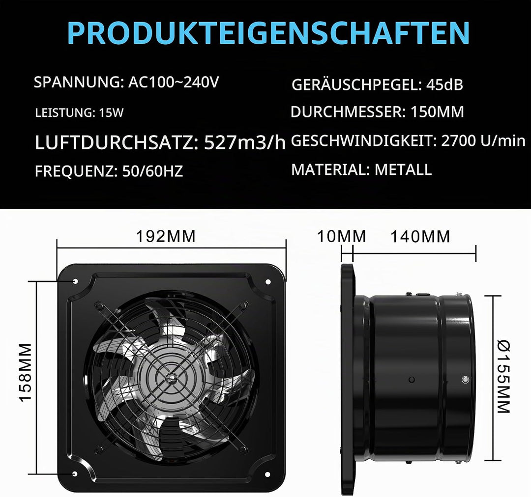 Abluftventilator 150mm Leiser Badlüfter 527m³/h mit Regler Schwarz | mit Rücklaufklappe Leistungssta