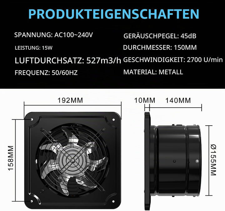Abluftventilator 150mm Leiser Badlüfter 527m³/h mit Regler Schwarz | mit Rücklaufklappe Leistungssta