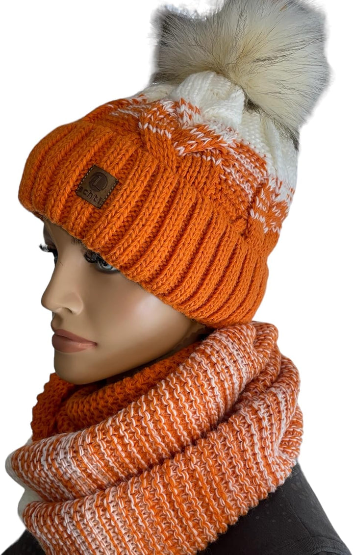 kennydoo Mütze & Schal Set achti I 2 teilig I Damen Kombi - Beanie mit grossem Bommel und Loop I kus