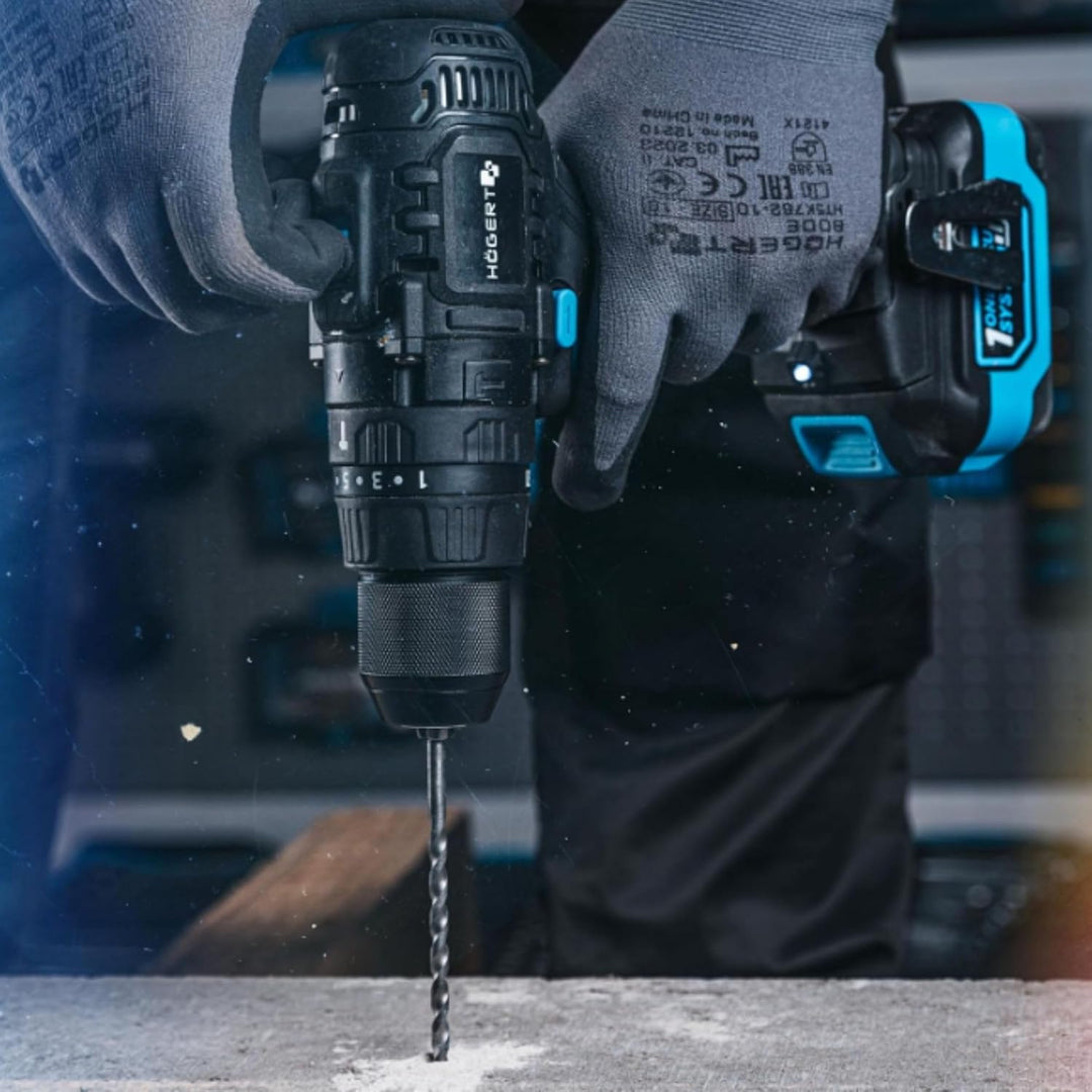 HÖGERT TECHNIK Akku-Schlagbohrschrauber 18V OneAccuSystem, 50 Nm, 13 mm Auto-Lock Bohrfutter, 21+1+1