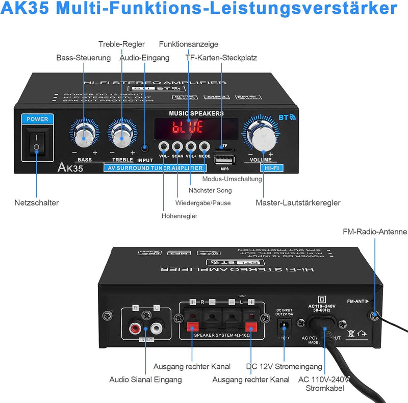 AK35 HiFi Stereo Amplifier Bluetooth 5.0 Digital Mini-Verstärker 300W 2.0-Kanal HiFi-Leistungsverstä