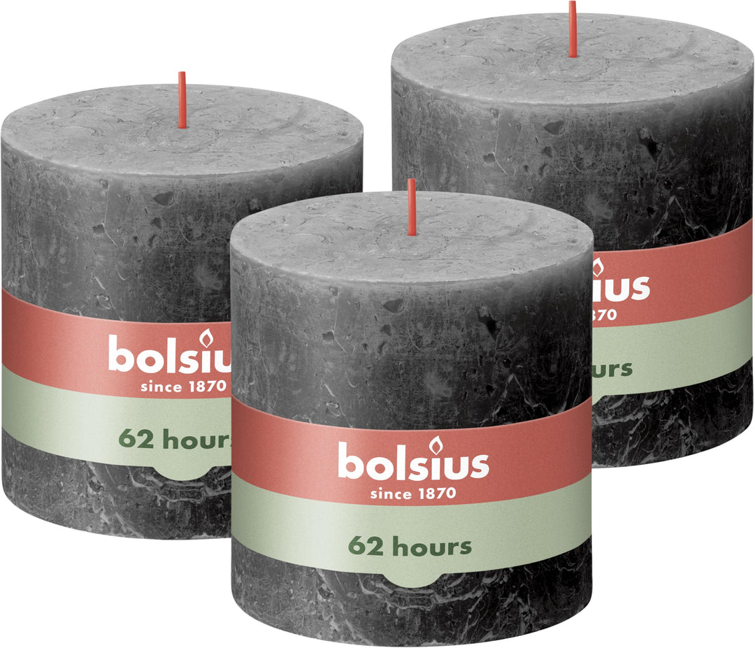 Bolsius Rustik Stumpenkerze XXL - Anthrazit - 3 Stück - 10 x 10 cm - Dekorative Haushaltkerzen - Län