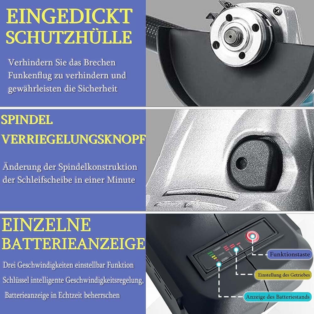 Akku-Winkelschleifer 125 mm, Ersatz für Makita 18V BL1830, Anti-Vibrations-Griff, Brushless, 11000U/