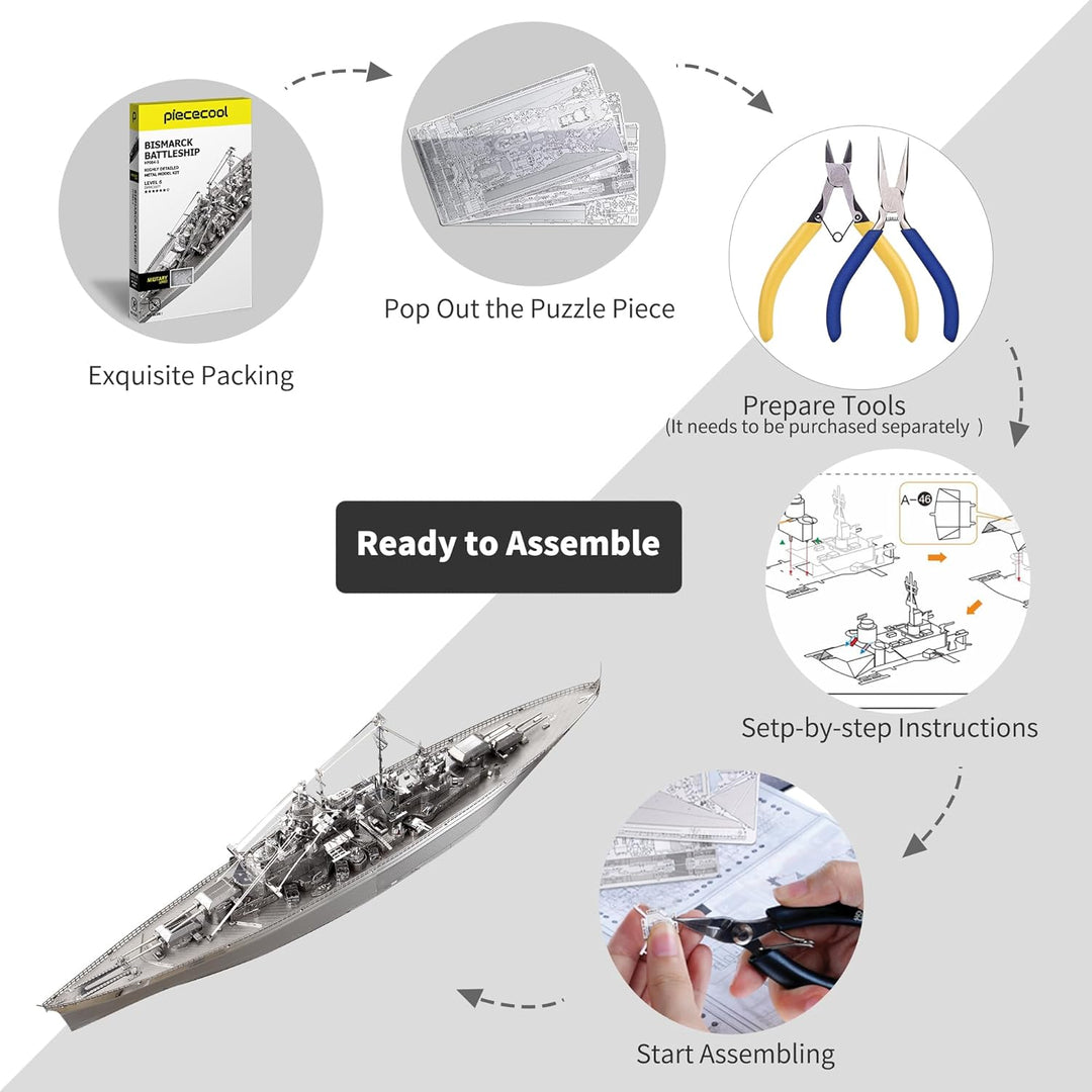 piececool 3D Puzzle Metall Bismarck-Schlachtschiff 3D Metall Puzzle Militärmodell 340 Edelstahl, Gan