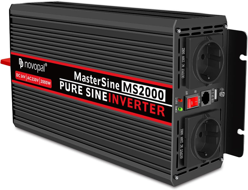 NOVOPAL 2000W Kfz Wechselrichter Spannungswandler -24v 230v Reiner Sinus mit 2 EU Steckdose und USB-