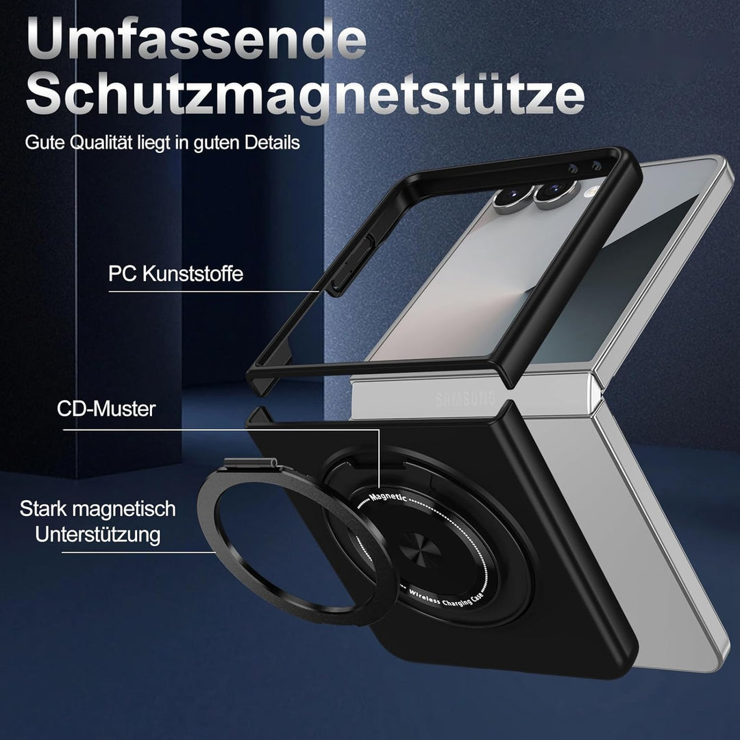 Handyhülle für Samsung Galaxy Z Flip 7 Hülle mit Schutzfolie, 360 Grad Magnetisch Metall Ring Stände