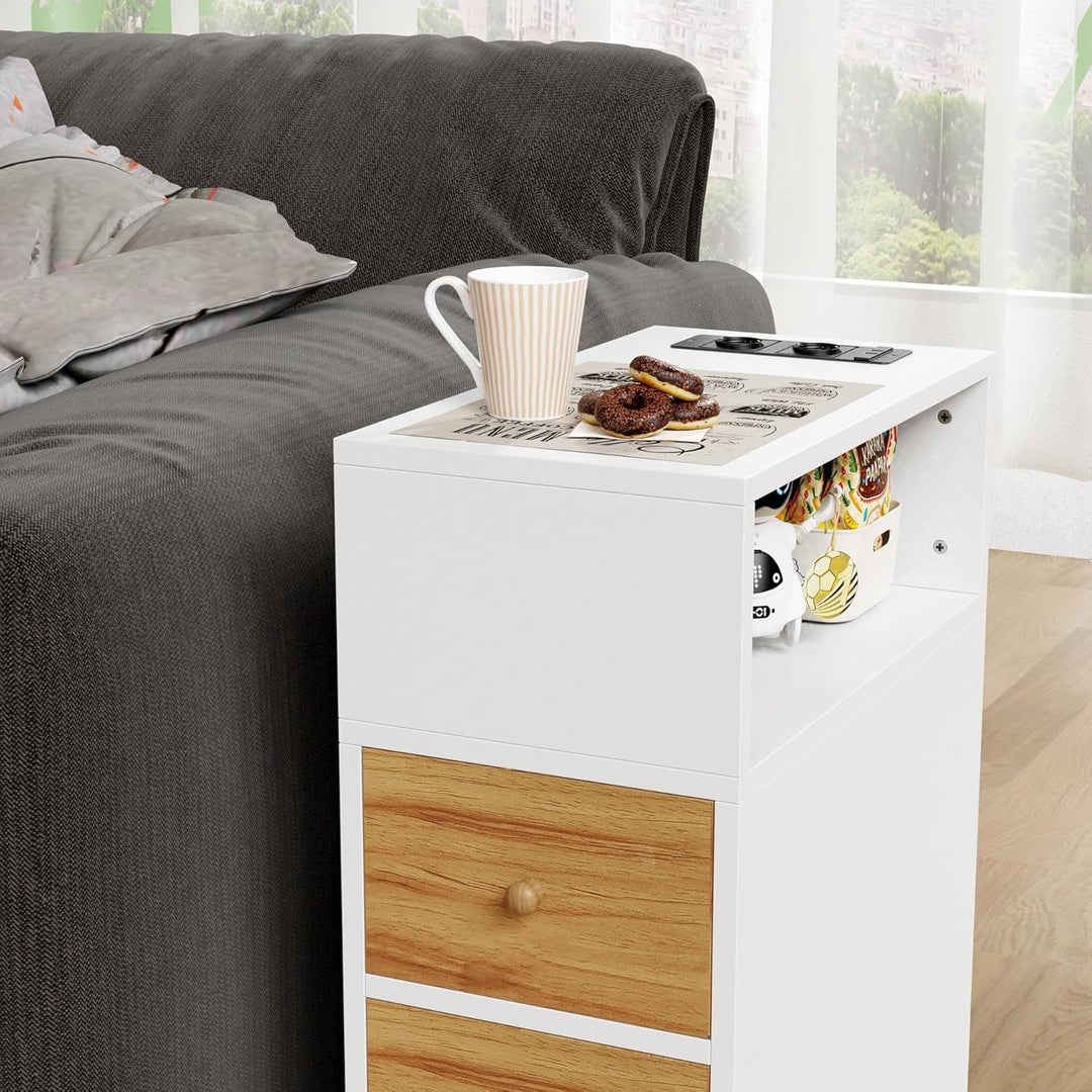 PIPIPOXER Nachttisch schmal, Nachttisch mit Steckdose & USB, Nachtschrank mit 3 Schublade, 1 Offenen