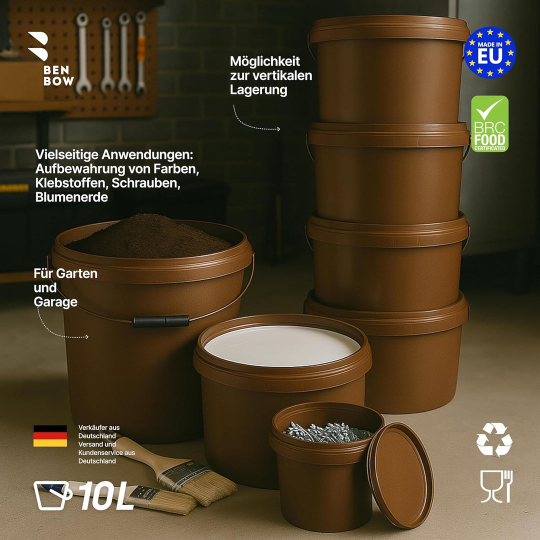 BenBow Eimer mit Deckel 10l braun 20x 10 Liter - lebensmittelecht, stabil, luftdicht, auslaufsicher,