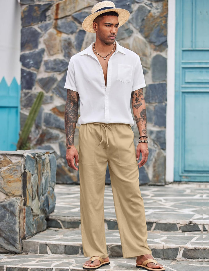 COOFANDY Leinenhose Herren mit Tunnelzug Herrenhose Leicht Sommerhose Freizeithose Einfarbig Leinen