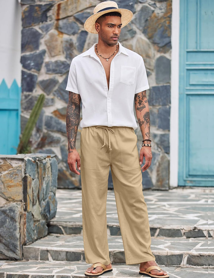 COOFANDY Leinenhose Herren mit Tunnelzug Herrenhose Leicht Sommerhose Freizeithose Einfarbig Leinen