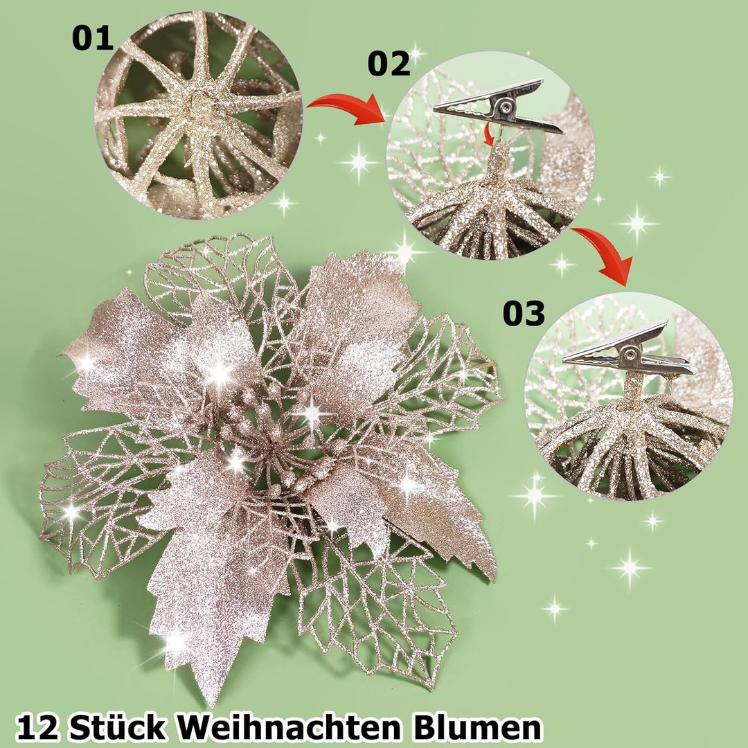 12 Stück Glitter Weihnachtsbaum Dekoration, Weihnachtsbaumschmuck Ornament Weihnachten Blumen Dekor,