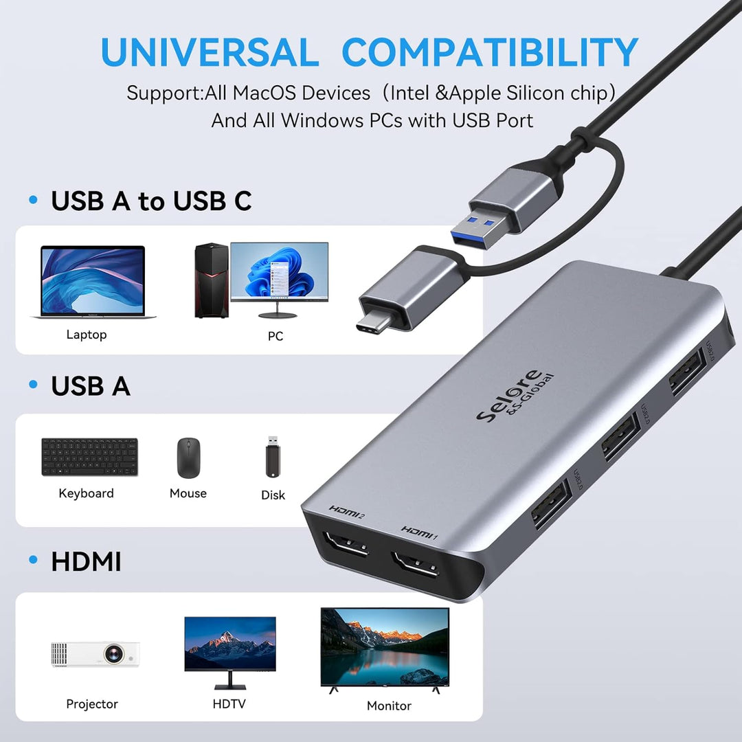 USB 3.0 Docking Station Dual HDMI USB C Hub Dual Monitor Docking Station mit HDMI 4K@60Hz für Window