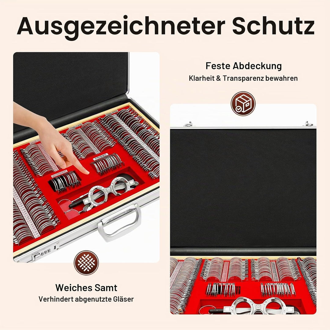266Pcs Testlinsen-Set, 57x36x9.5cm Optisch Messbrille Linse Augenoptiker Metal Optometry Optical Tri
