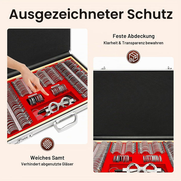 266Pcs Testlinsen-Set, 57x36x9.5cm Optisch Messbrille Linse Augenoptiker Metal Optometry Optical Tri