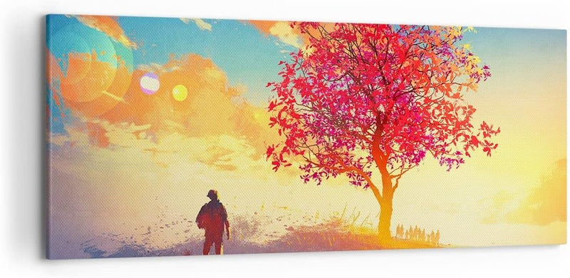 Wandbilder Dekoration Wohnzimmer Baum Wiese Feld Panorama Bilder auf Leinwand 120x50cm Leinwandbild