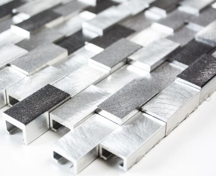Mosaik Brick Aluminium 3D mix silber/schwarz Metall Fliesenspiegel, Mosaikstein Format: 15x30x8/10/1