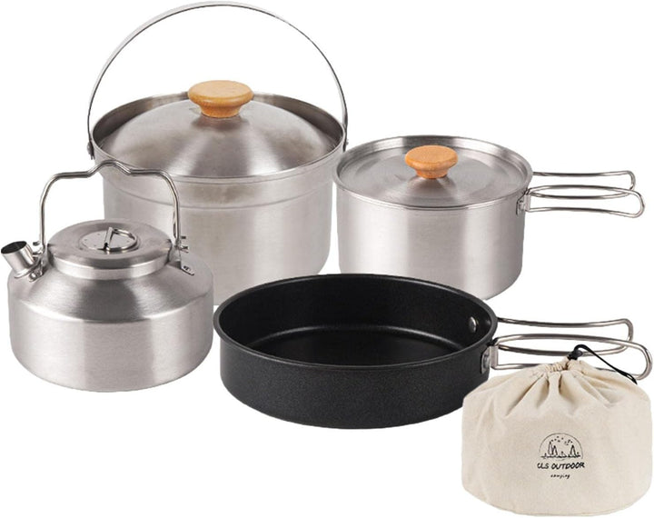 Camping Kochtopf-Set 4-teilig Wandern Kochgeschirr Edelstahl Kochgeschirr für Camping, Wandern, Brat