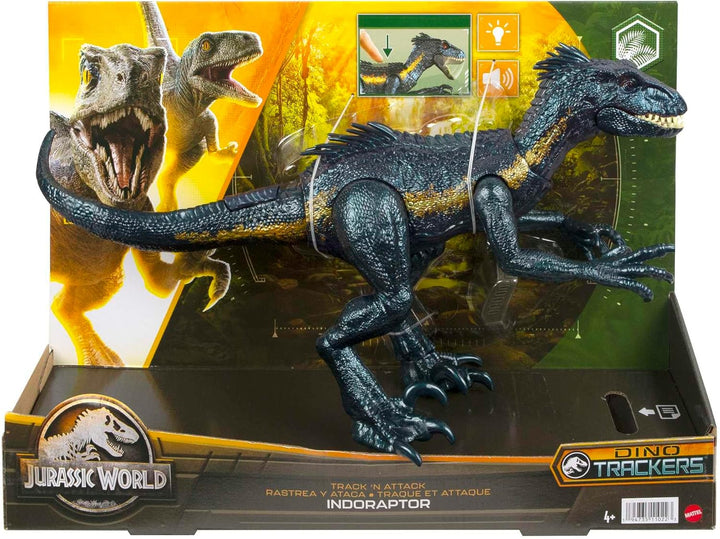 Jurassic World Dinosaurierfigur Indoraptor Track N Attack mit Ausrüstung für die Verfolgung und 3 An