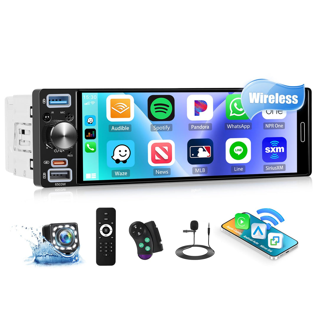 CAMECHO Autoradio 1 Din Wireless Carplay Android Auto Radio Bluetooth 5.2 mit Rückfahrkamera, 6.5 Zo
