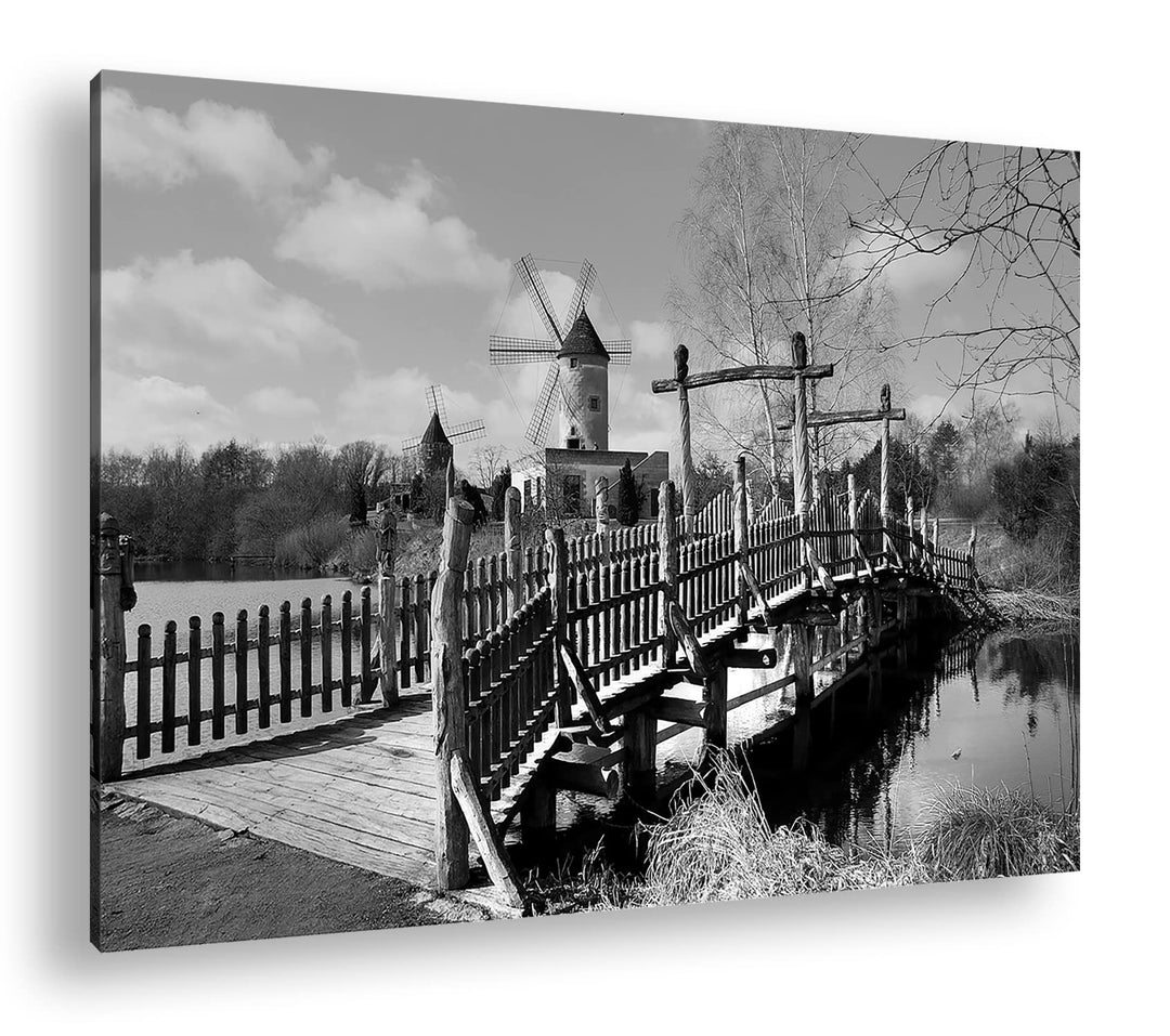 deyoli Mühlenwerke am sonnigen See Format: 80x60 als Leinwand, Effekt: Schwarz&Weiss, Motiv fertig g